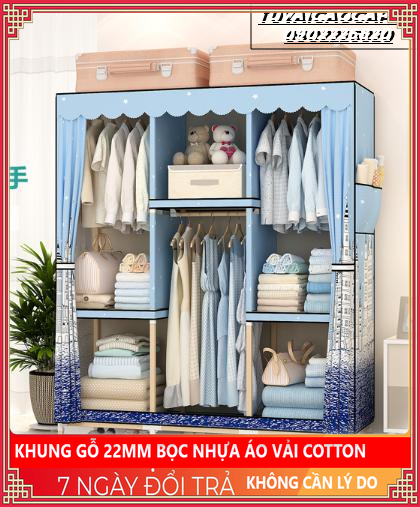 Tủ Vải 1m3 Khung Gỗ Bọc Nhựa Vải Cotton xanh