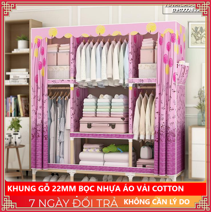 Tủ Vải 1m3 Khung Gỗ Bọc Nhựa Vải Cotton hồng