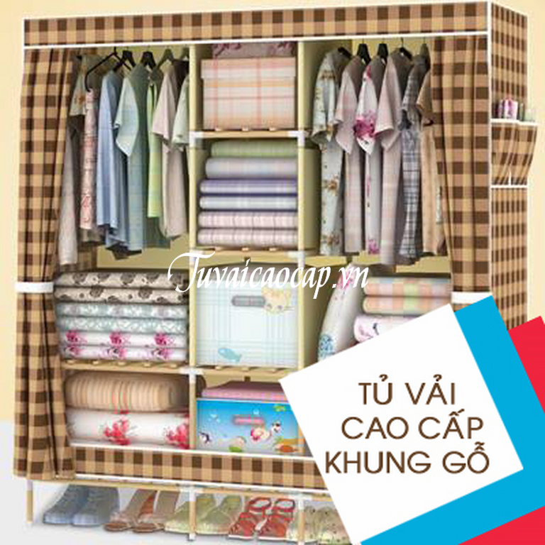 Tủ vải khung gỗ 3 buồng 8 ngăn họa tiết caro