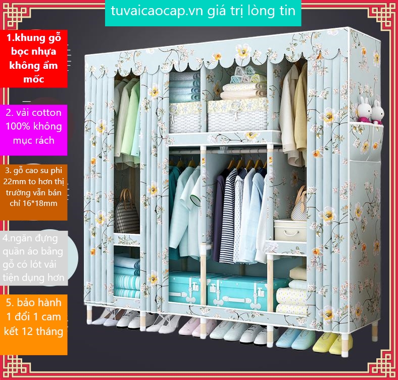 tủ vải khung gỗ 3 buồng vải cotton